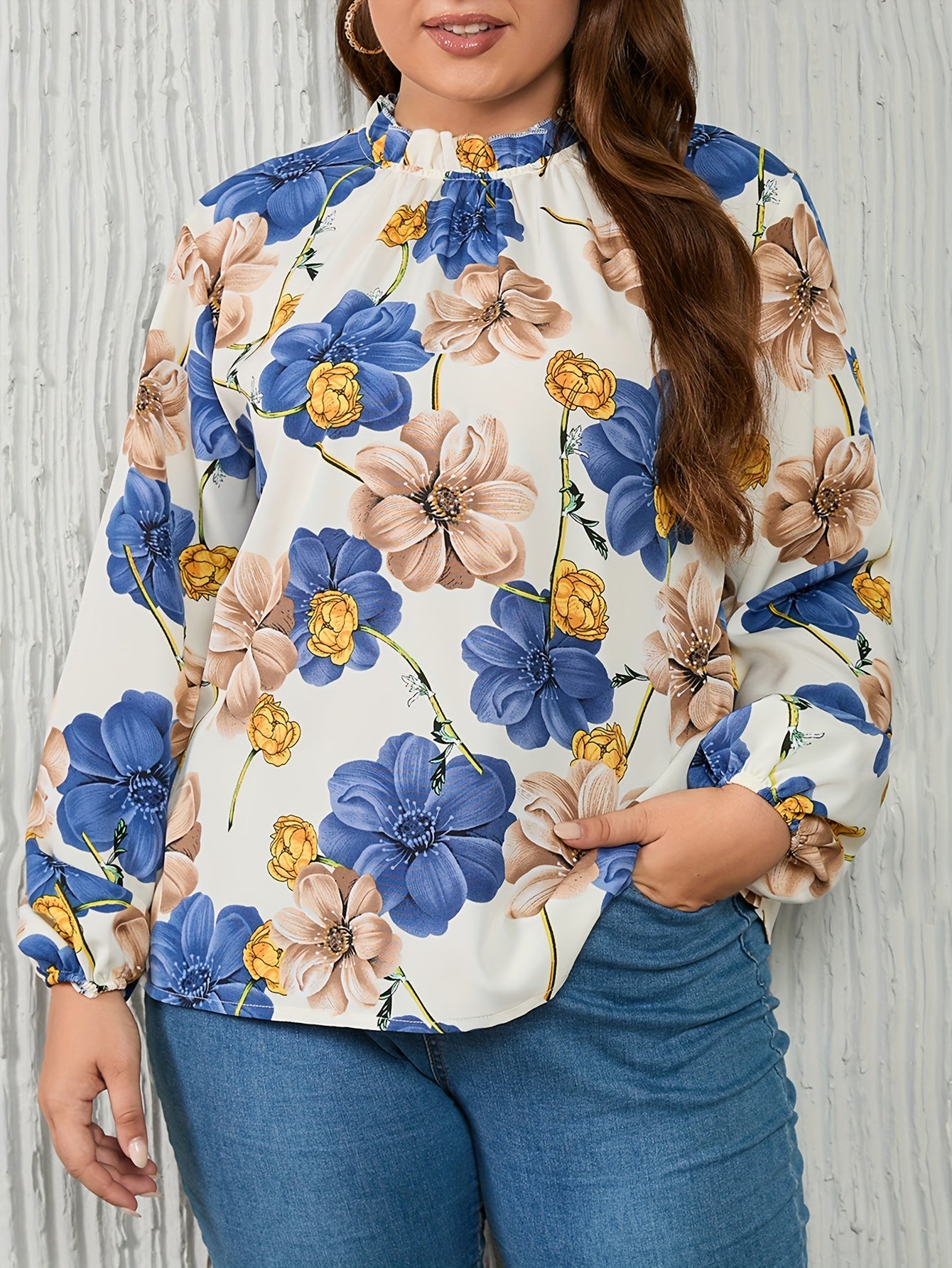 Blouse Women's Plus Ruffle Trim Mock Neck Top