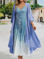 Spring & Summer 2pc Set Solid Open Front Coat & Floral Print V Neck Dress