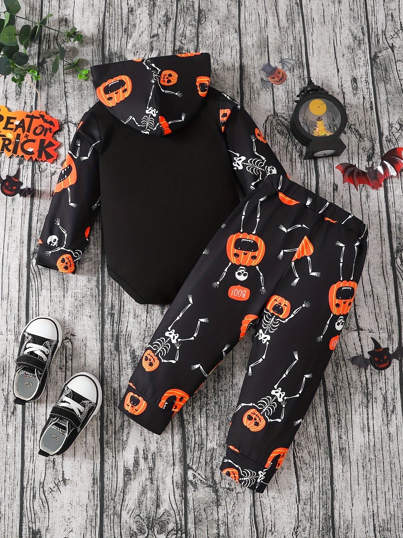 Halloween Luminous Pumpkin & Letter Print Hooded Romper Baby Set