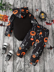 Halloween Luminous Pumpkin & Letter Print Hooded Romper Baby Set