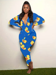 Duck Print Lounge Romper Long Sleeve V Neck Buttons Romper Women's Loungewear