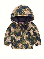 Kids Dino Print Zip Hoodie Cardigan Collar Jacket