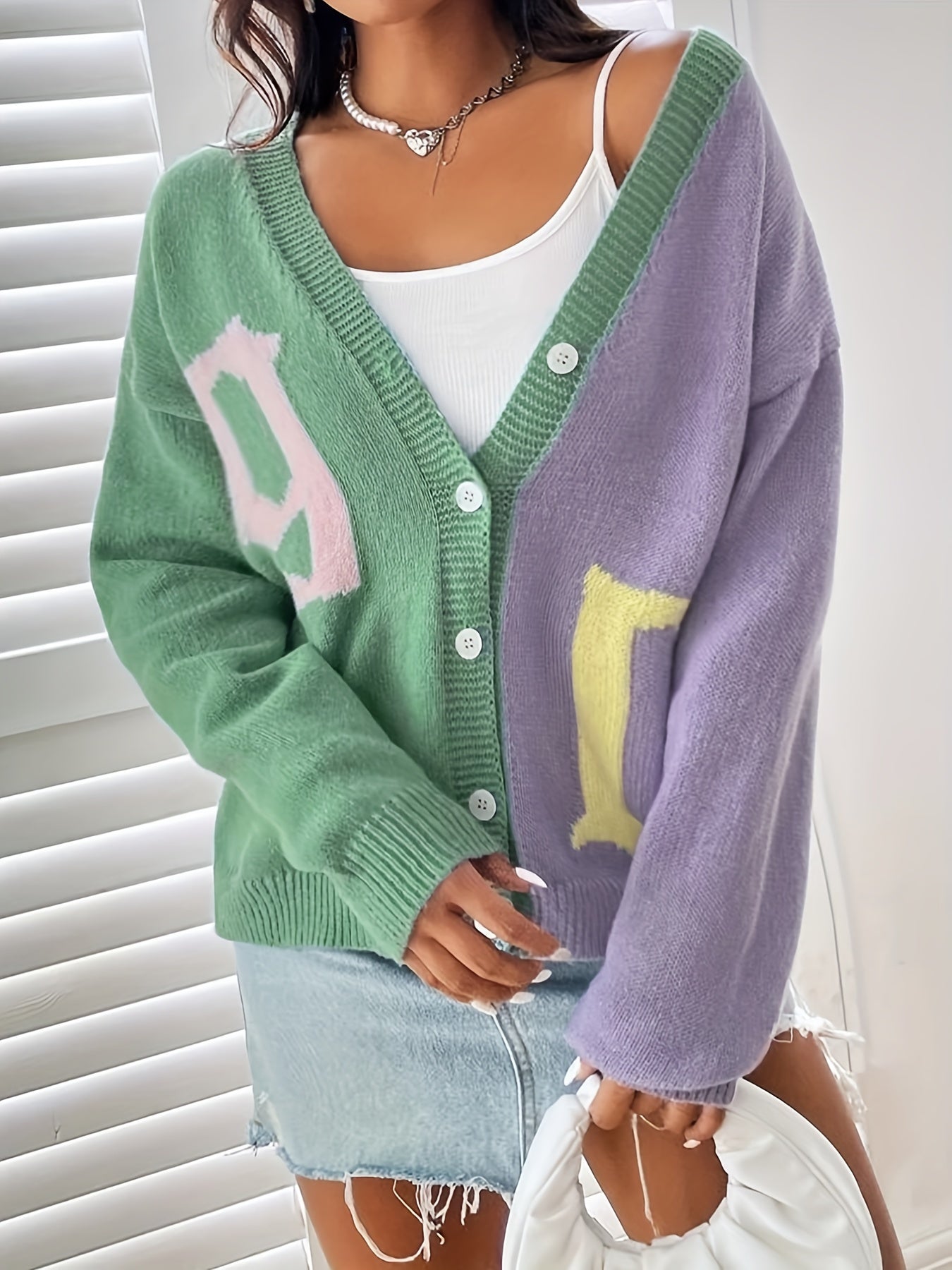 Letter Pattern Knit Cardigan Button Front Sweater