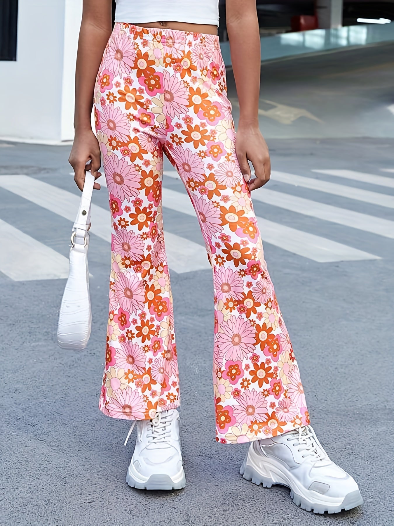 Girls Floral Flared Pants Elastic Waist Slim Fit Casual Bell Bottom