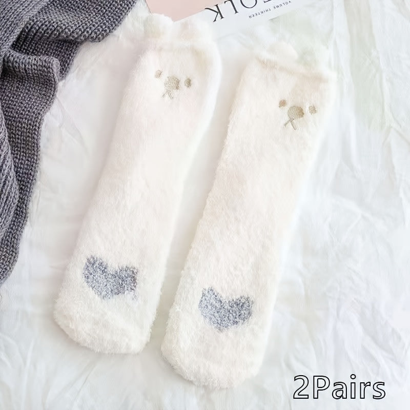 5 Pairs Heart Print Socks, Fuzzy Warm Women's Stockings