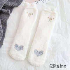 5 Pairs Heart Print Socks, Fuzzy Warm Women's Stockings