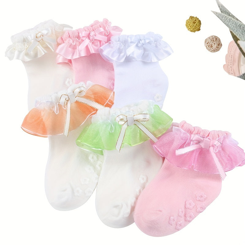 3 Pairs Baby Girls Lace Ruffled Socks with Bow Non-slip Cotton Socks