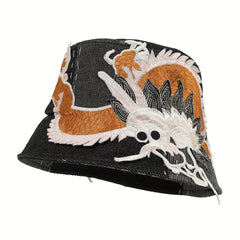 3D Dragon Embroidery Bucket Hat Denim Vintage Basin Hat