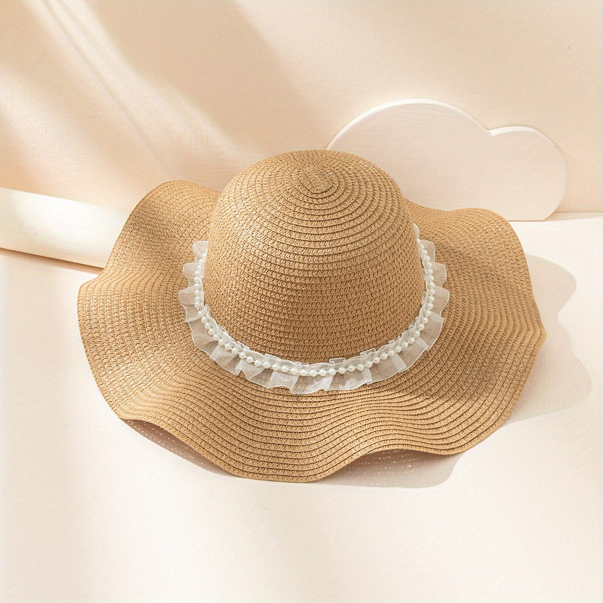 Khaki Sun Hat with Faux Pearl Decor for Women