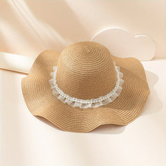 Khaki Sun Hat with Faux Pearl Decor for Women