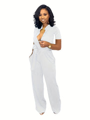 Casual Plunging Jumpsuit - Tie Waist - Long Length