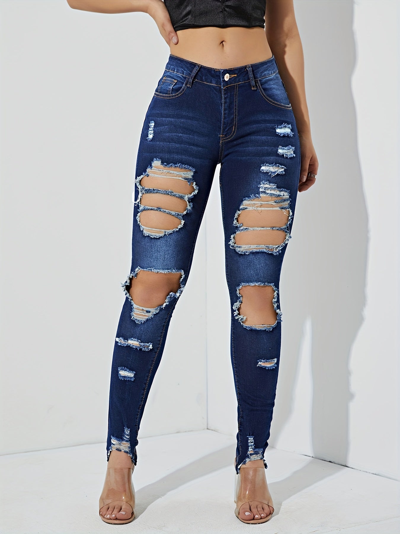 High Waist Distressed Skinny Jeans Slash Pockets Tight Fit