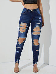 High Waist Distressed Skinny Jeans Slash Pockets Tight Fit