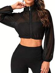 Solid Mesh Yoga Zipper Top Long Sleeve Jacket