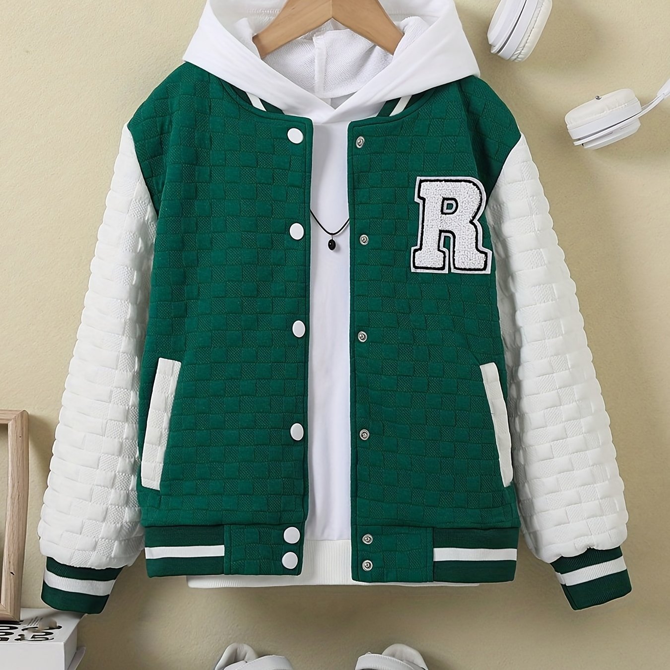 Girls R Letter Block Baseball Jacket Long Sleeve Spring Autumn