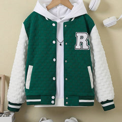Girls R Letter Block Baseball Jacket Long Sleeve Spring Autumn