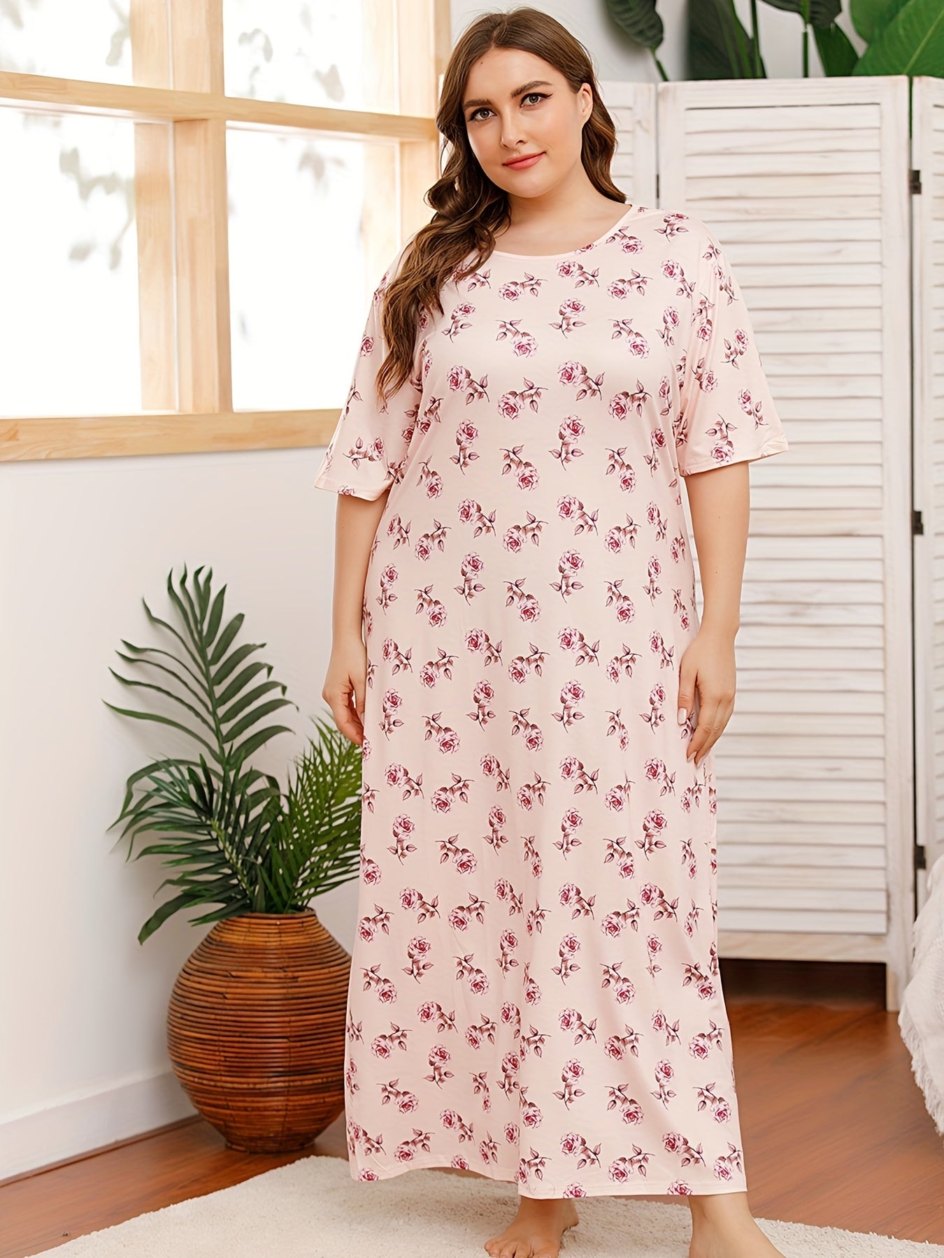 Casual Nightdress Women's Plus Floral Print Maxi Nightgown