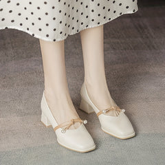 Retro Pearl Decor Square Toe Pumps Chunky Heel Dress Shoes