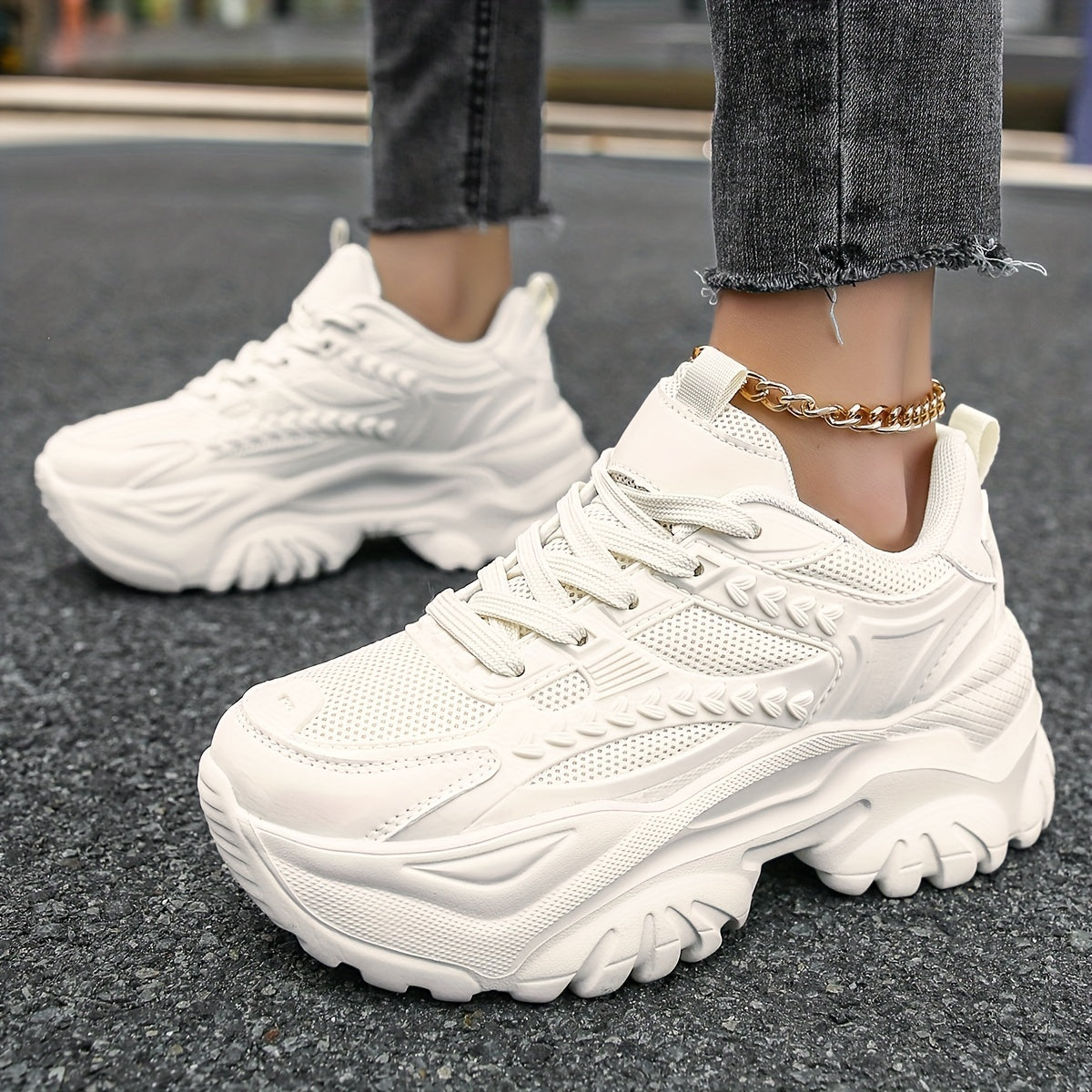 Women's Mesh Chunky Sneakers Lace Up Outdoor Shoes Low Top Walking Shoes