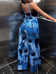 Patchwork Pattern Wide Leg Overall Jumpsuit for Spring & Summer