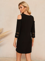Cold Shoulder 3/4 Sleeve Dress V Neck Scallop Trim Casual