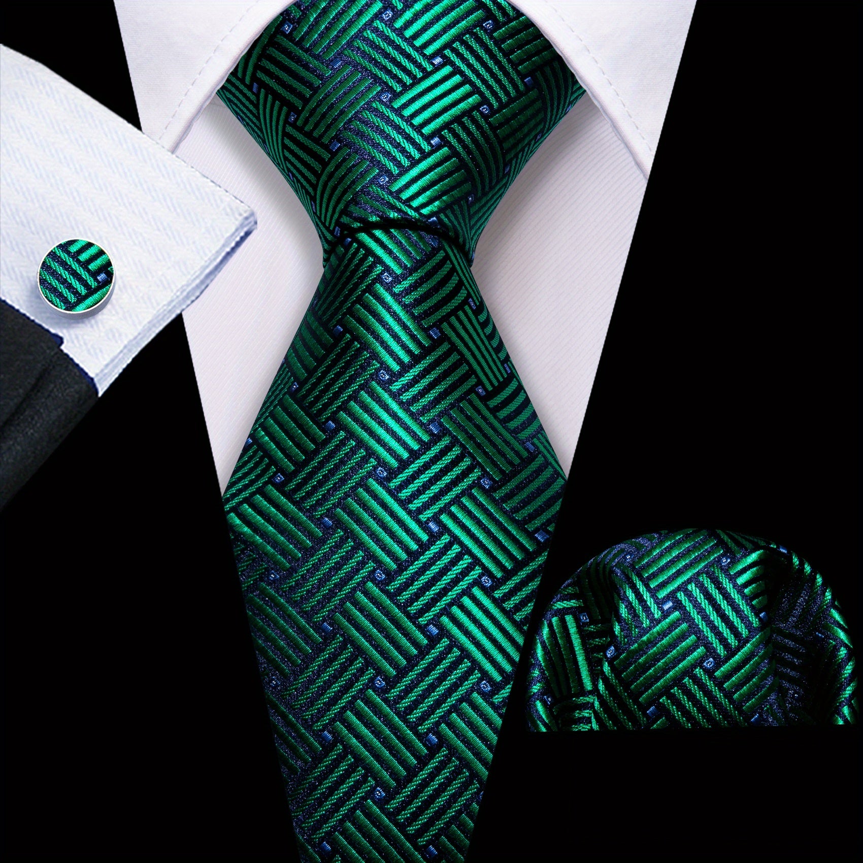 Barry Wang Silk Ties Set Classic Striped Plaid Necktie Pocket Square Cufflinks