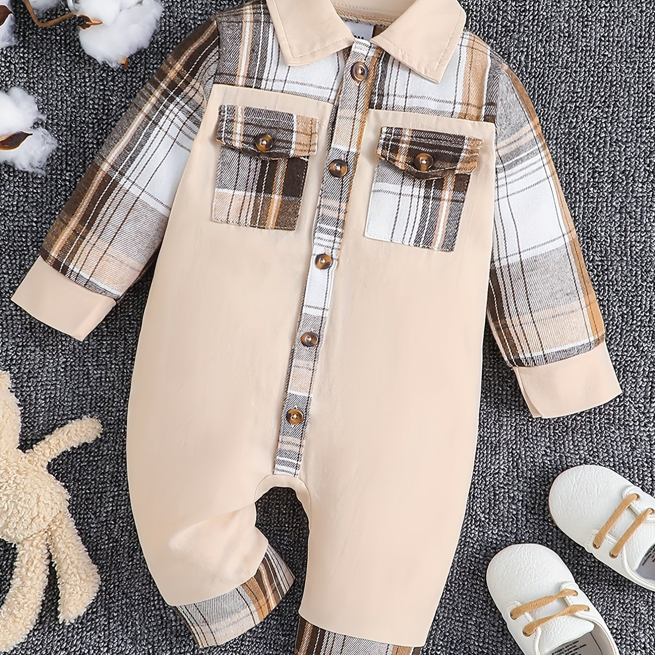 Baby Boys Long Sleeve Plaid Romper Cotton Jumpsuit Fall Winter