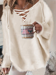 Solid Eyelash Bat Sleeve Lace Up Jumper