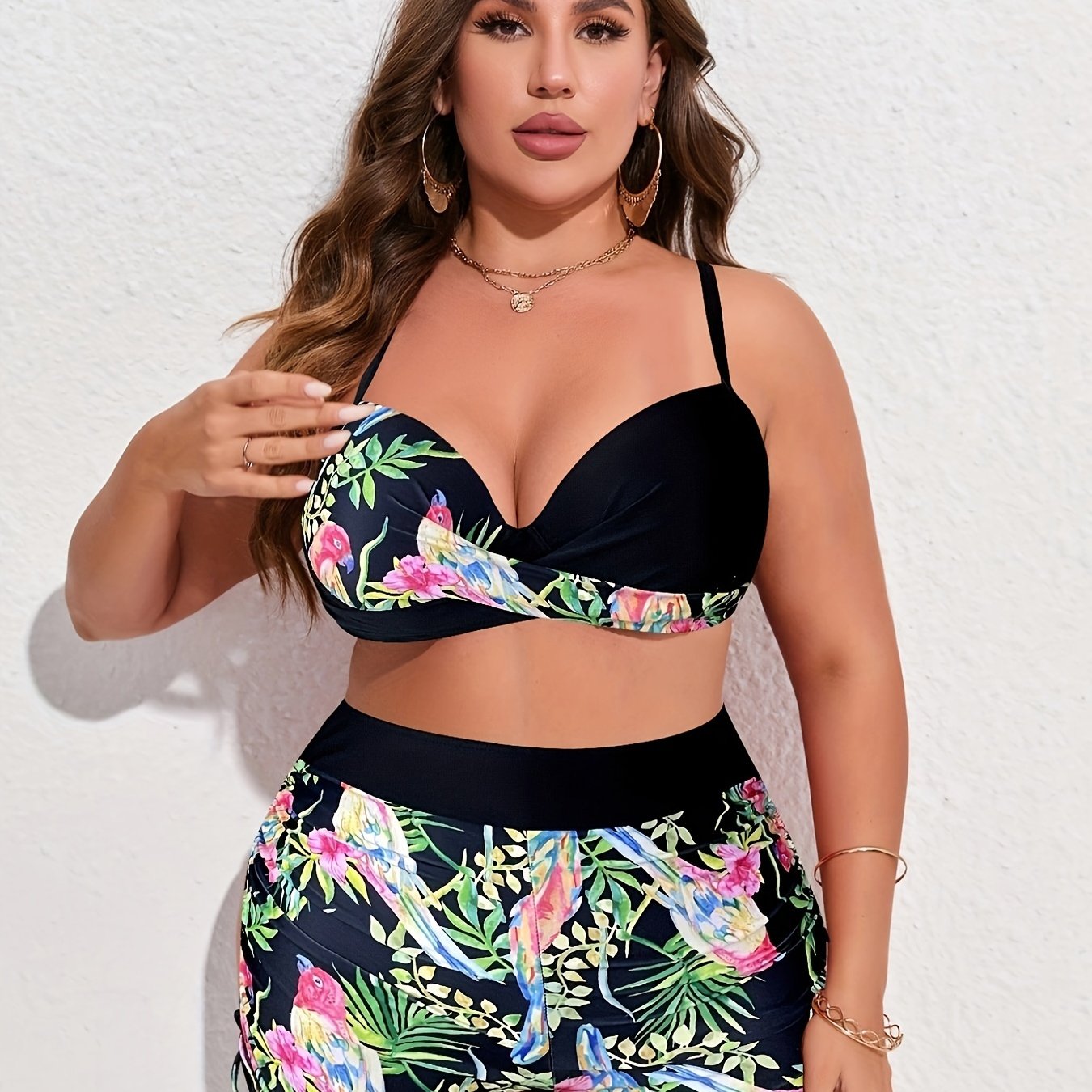 Plus Tropical Print Bikini Set Molded Cup Bra & Lace Up Side Shorts 2 Piece