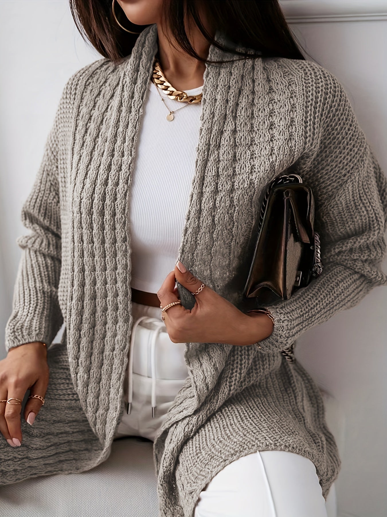 Solid Long Sleeve Open-Front Cardigan