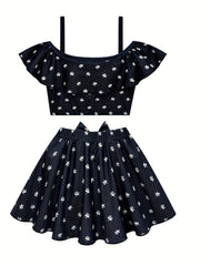 Girl's Floral Pattern Bikini Set Ruffle Decor Swimsuit Cami Top & Briefs