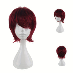 Men's 14 Inch Wine Red Anime Dress Up Wig Synthetic Fiber Wig