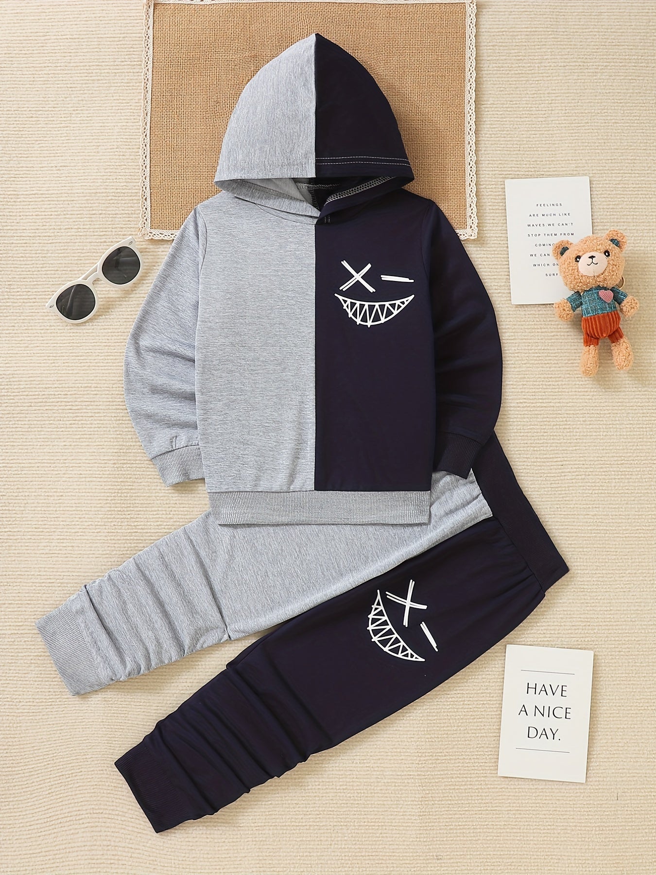 Boy's Funny Face 2pcs Hoodie & Sweatpants Set for Spring Fall