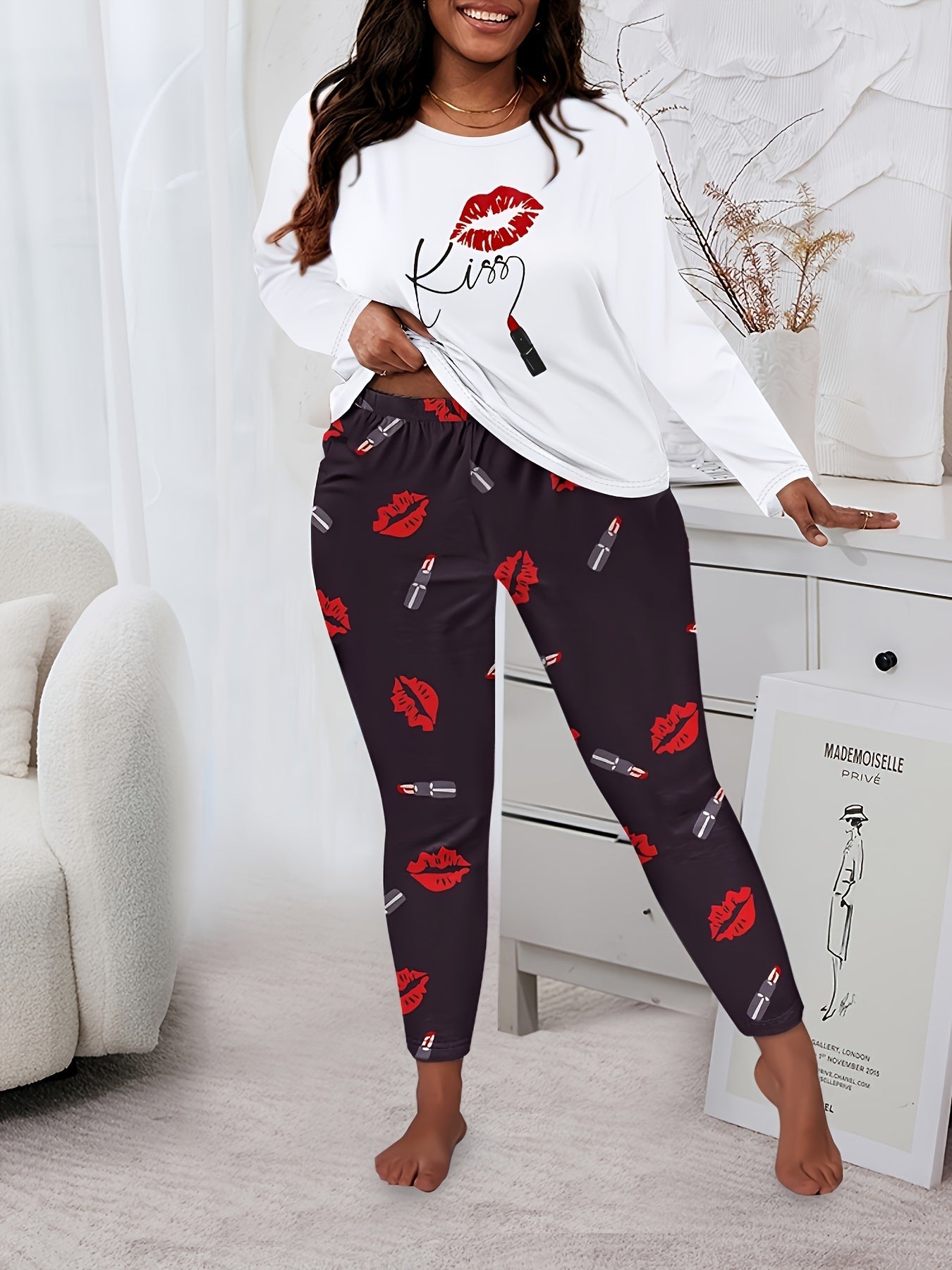 Women's Plus Leopard Kiss & Letter Print Pajamas Set