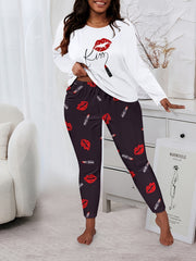 Women's Plus Leopard Kiss & Letter Print Pajamas Set