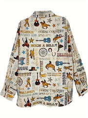 Casual Blouse Women's Plus Graphic Print Button Up Long Sleeve