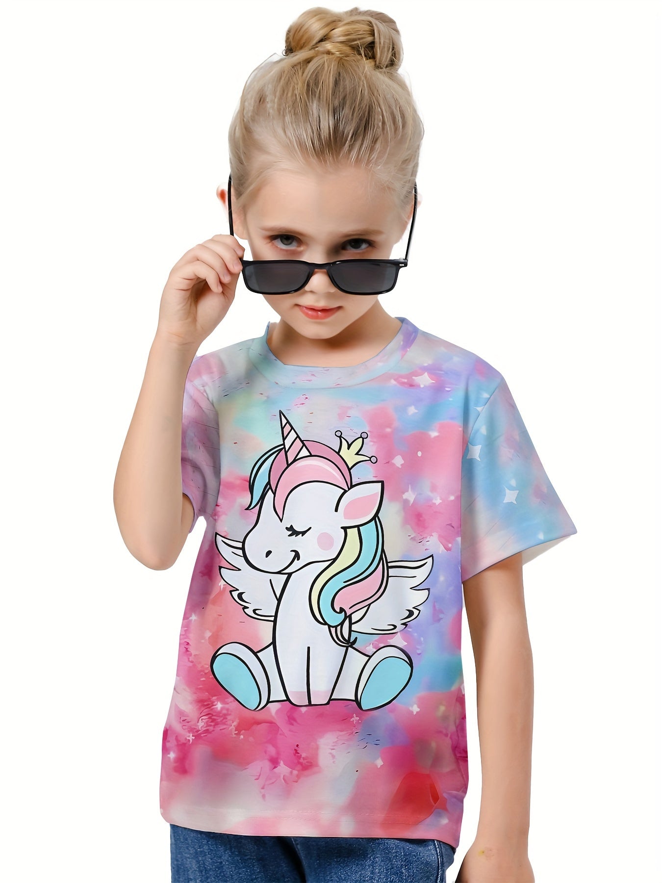 3D Tie Dye Unicorn Graphic Crew Neck T-shirt Girls Casual Tops