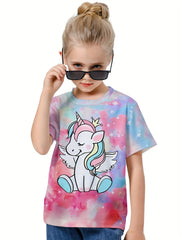 3D Tie Dye Unicorn Graphic Crew Neck T-shirt Girls Casual Tops