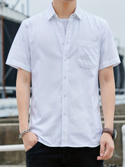 Men s Casual Cotton Shirt Vintage Style Short Sleeve Shirt With Chest Pocket
