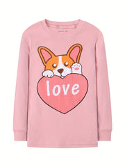 Cartoon Dog Print Cotton Pajama Set LOVE Print Top & Pants