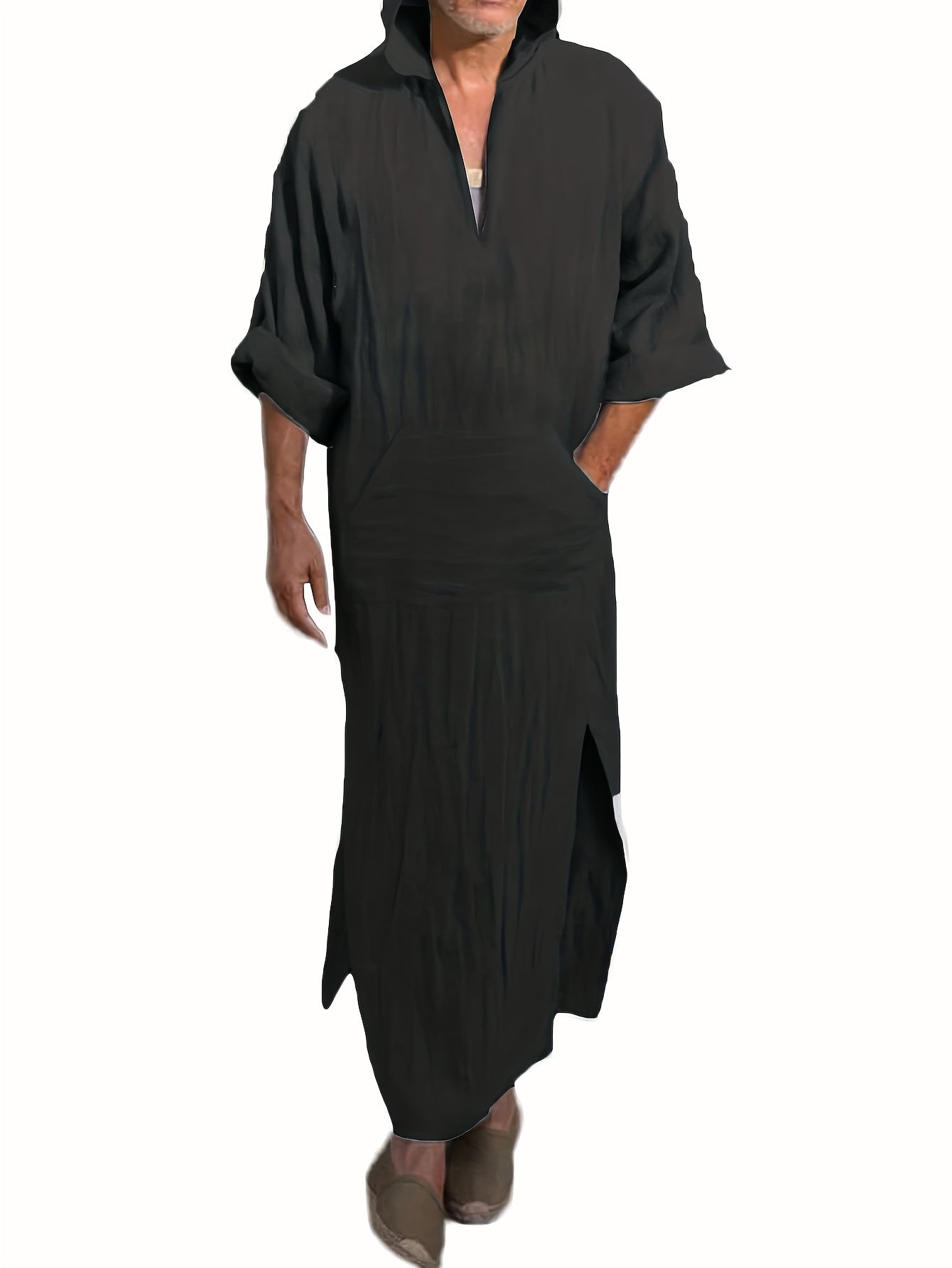 Islamic Arabic Kaftan Men Half Sleeve Hooded Solid V Neck Muslim Clothes Vintage