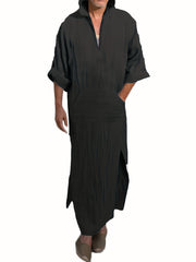 Islamic Arabic Kaftan Men Half Sleeve Hooded Solid V Neck Muslim Clothes Vintage