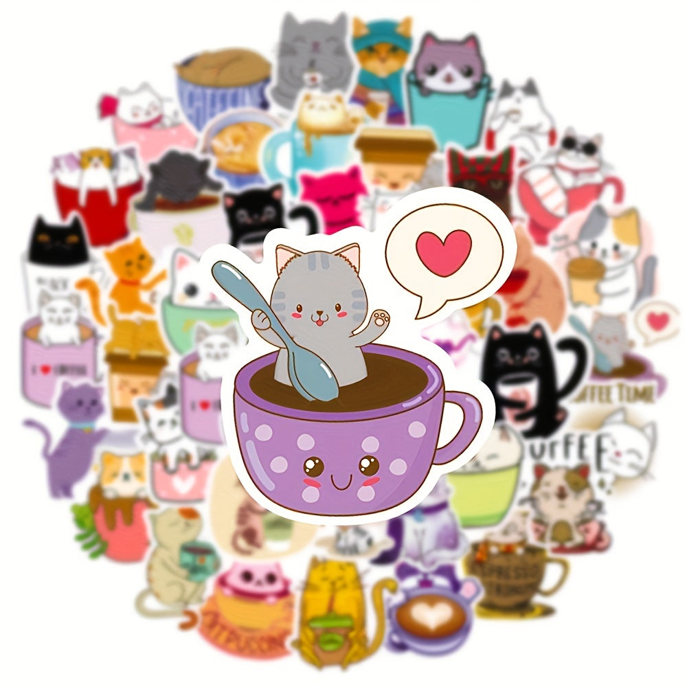 50pcs Cat Coffee Series Doodle Stickers Waterproof DIY Decorative Stick