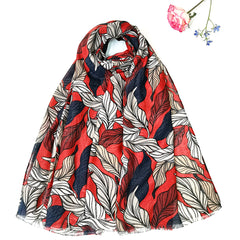 Vintage Red Leaves Print Scarf Classic Shawl Frayed Edge
