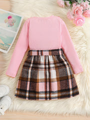 Toddler Girl's 2pcs Ribbed Top & Plaid Skirt Set