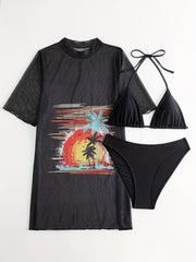 Tropical Print Bikini Set with Mesh Cover Up