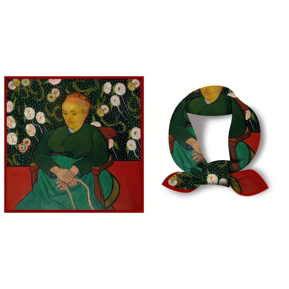 Vintage Green Square Scarf Oil Painting Print Bandana Satin Head Scarf