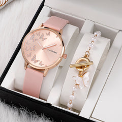 Girls Quartz Watch & Butterfly Pendant Bracelet Gift Set