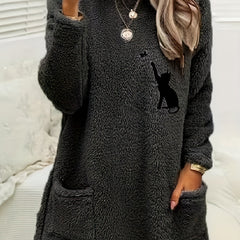 Cat Print Fuzzy Sweatshirt Crew Neck Long Sleeve With Pockets
