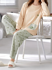 Bunny Print Lounge Set Long Sleeve Top & Pants Women's Sleepwear